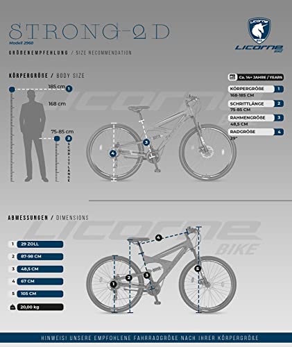 Licorne Bike Strong 2D Premium Mountain Bike 26 27.5 and 29 Inch Bicycle for Boys Girls Women Men and Men Disc Brake Front and Rear 21 Speed Full Suspension