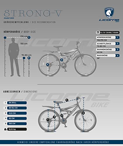 Licorne Bike PREMIUM Strong V Mountain Bike in 24 and 26 Inch Bicycle for Boys Girls Women Men 21 Speed Full Suspension