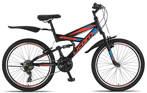Licorne Bike PREMIUM Strong V Mountain Bike in 24 and 26 Inch Bicycle for Boys Girls Women Men 21 Speed Full Suspension