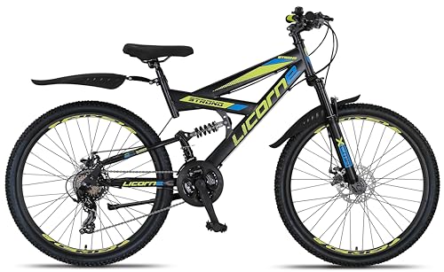 Licorne Bike Strong 2D Premium Mountain Bike 26 27.5 and 29 Inch Bicycle for Boys Girls Women Men and Men Disc Brake Front and Rear 21 Speed Full Suspension