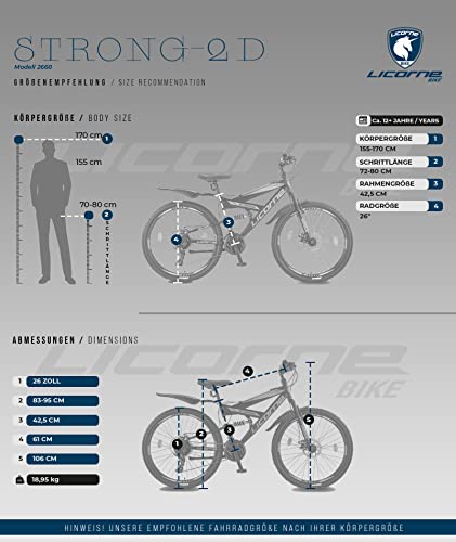 Licorne Bike Strong 2D Premium Mountain Bike 26 27.5 and 29 Inch Bicycle for Boys Girls Women Men and Men Disc Brake Front and Rear 21 Speed Full Suspension