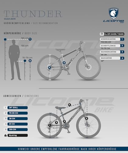Licorne Bike Thunder Premium Mountain Bike 20 24 26 27.5 29 Inch Bicycle for Girls Boys Men Women