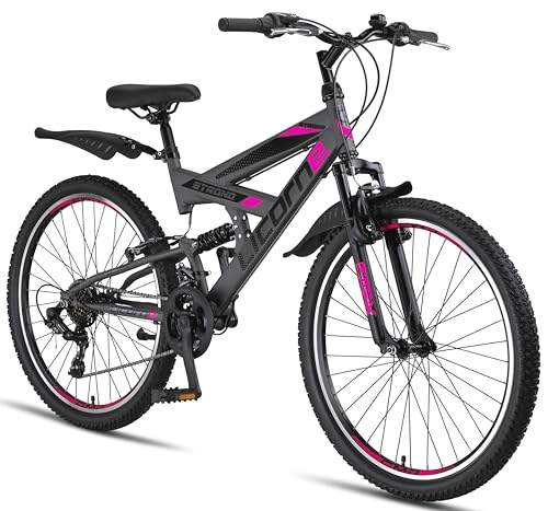 Licorne Bike PREMIUM Strong V Mountain Bike in 24 and 26 Inch Bicycle for Boys Girls Women Men 21 Speed Full Suspension