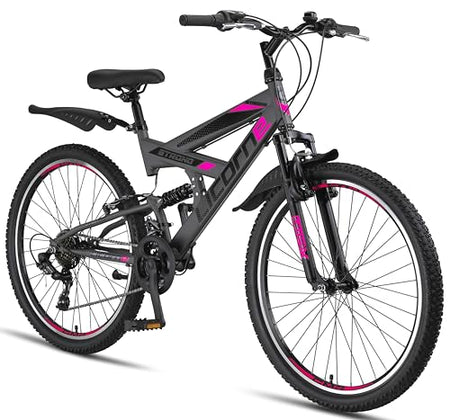 Licorne Bike PREMIUM Strong V Mountain Bike in 24 and 26 Inch Bicycle for Boys Girls Women Men 21 Speed Full Suspension