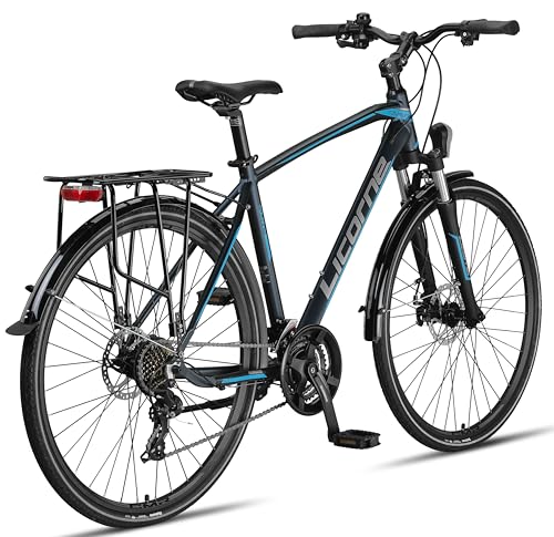 Licorne Bicycle Premium Touring Trekking Bike in 28 Inch Aluminum Disc Brake Bike for Boys Girls Women and Men, 21 Speed - Mountain Bike - Cross Bike (Men, Navy Blue)