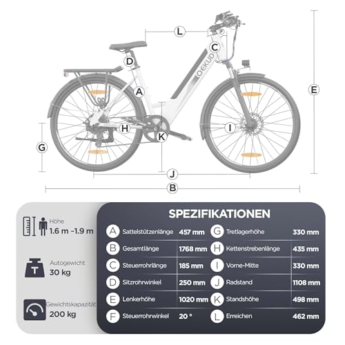 27M204 E-Bike, City Bike, Electric Bicycle, 36 V/12 Ah Battery, 250 W Motor, Range 100 to 25 km/h, Electric Bike with App
