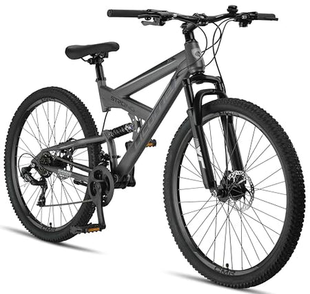 Licorne Bike Strong 2D Premium Mountain Bike 26 27.5 and 29 Inch Bicycle for Boys Girls Women Men and Men Disc Brake Front and Rear 21 Speed Full Suspension