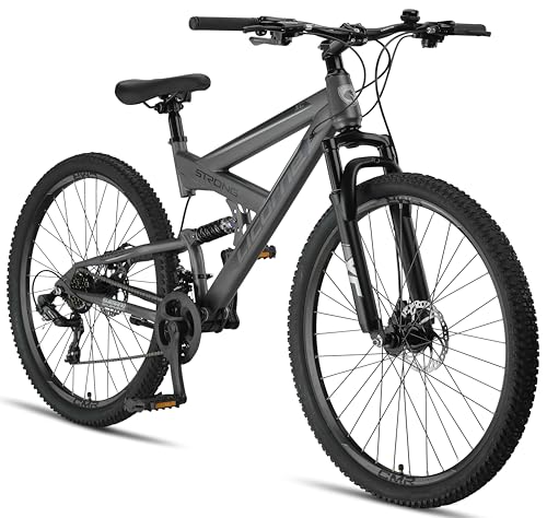 Licorne Bike Strong 2D Premium Mountain Bike 26 27.5 and 29 Inch Bicycle for Boys Girls Women Men and Men Disc Brake Front and Rear 21 Speed Full Suspension
