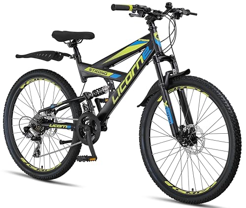 Licorne Bike Strong 2D Premium Mountain Bike 26 27.5 and 29 Inch Bicycle for Boys Girls Women Men and Men Disc Brake Front and Rear 21 Speed Full Suspension