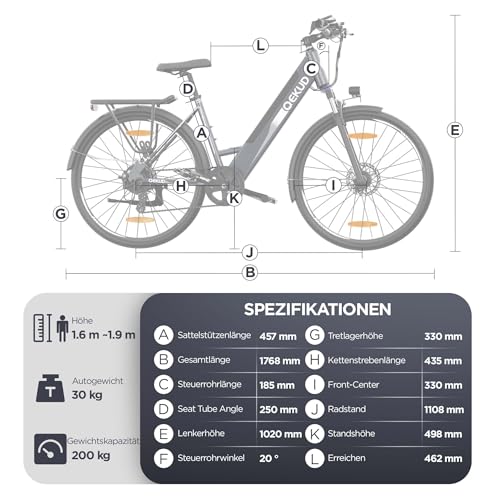 27M204 E-Bike, City Bike, Electric Bicycle, 36 V/12 Ah Battery, 250 W Motor, Range 100 to 25 km/h, Electric Bike with App