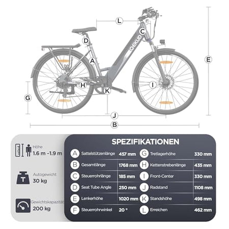 27M204 E-Bike, City Bike, Electric Bicycle, 36 V/12 Ah Battery, 250 W Motor, Range 100 to 25 km/h, Electric Bike with App