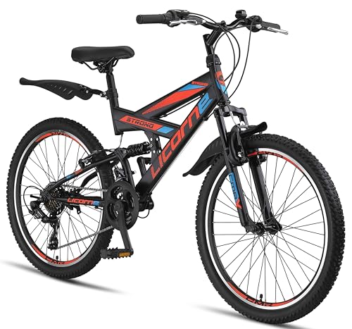 Licorne Bike PREMIUM Strong V Mountain Bike in 24 and 26 Inch Bicycle for Boys Girls Women Men 21 Speed Full Suspension