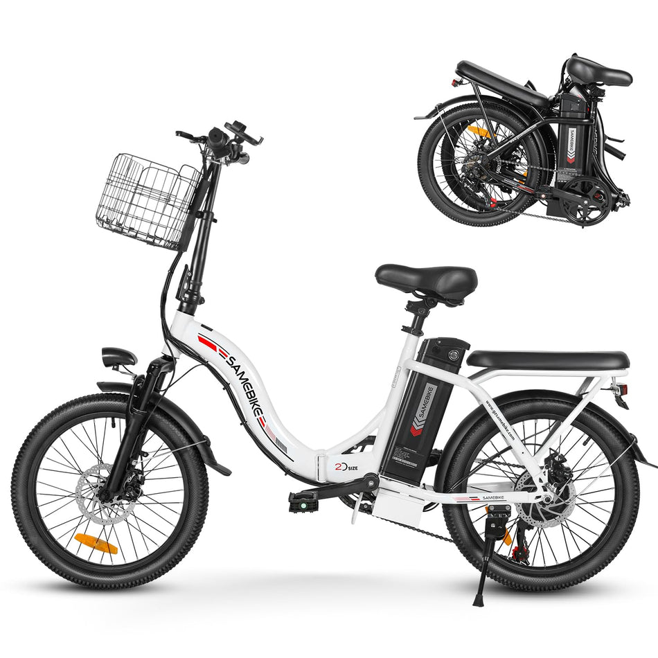 SAMEBIKE Elektrische fiets voor volwassenen, 20 inch, inklapbare elektrische fiets met pedaalondersteuning, city-e-bike, uniseks, volwassenen, afneembare accu, 36 V, 12 Ah, elektrische fiets voor 7