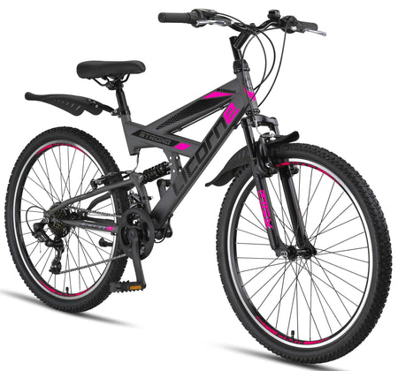 Licorne Bike PREMIUM Strong V Mountain Bike in 24 and 26 Inch Bicycle for Boys Girls Women Men 21 Speed Full Suspension