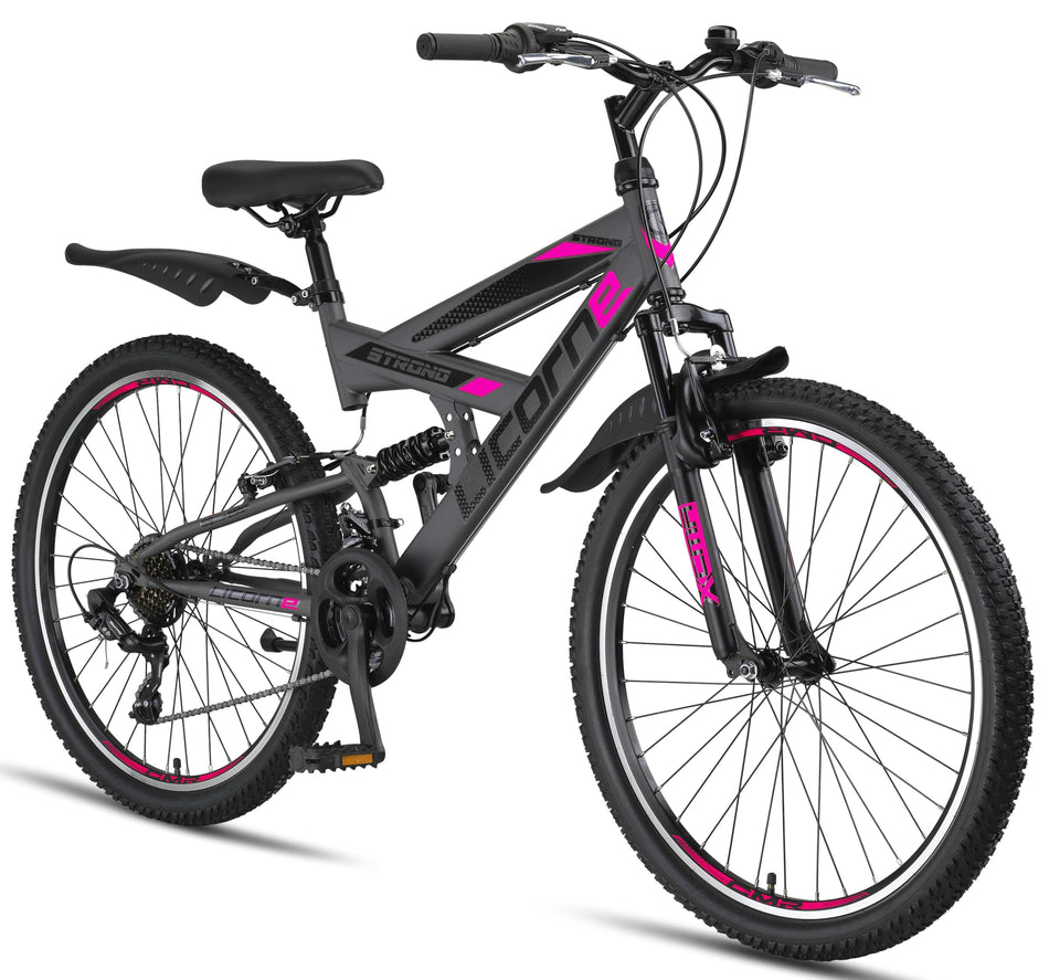 Licorne Bike PREMIUM Strong V Mountain Bike in 24 and 26 Inch Bicycle for Boys Girls Women Men 21 Speed Full Suspension