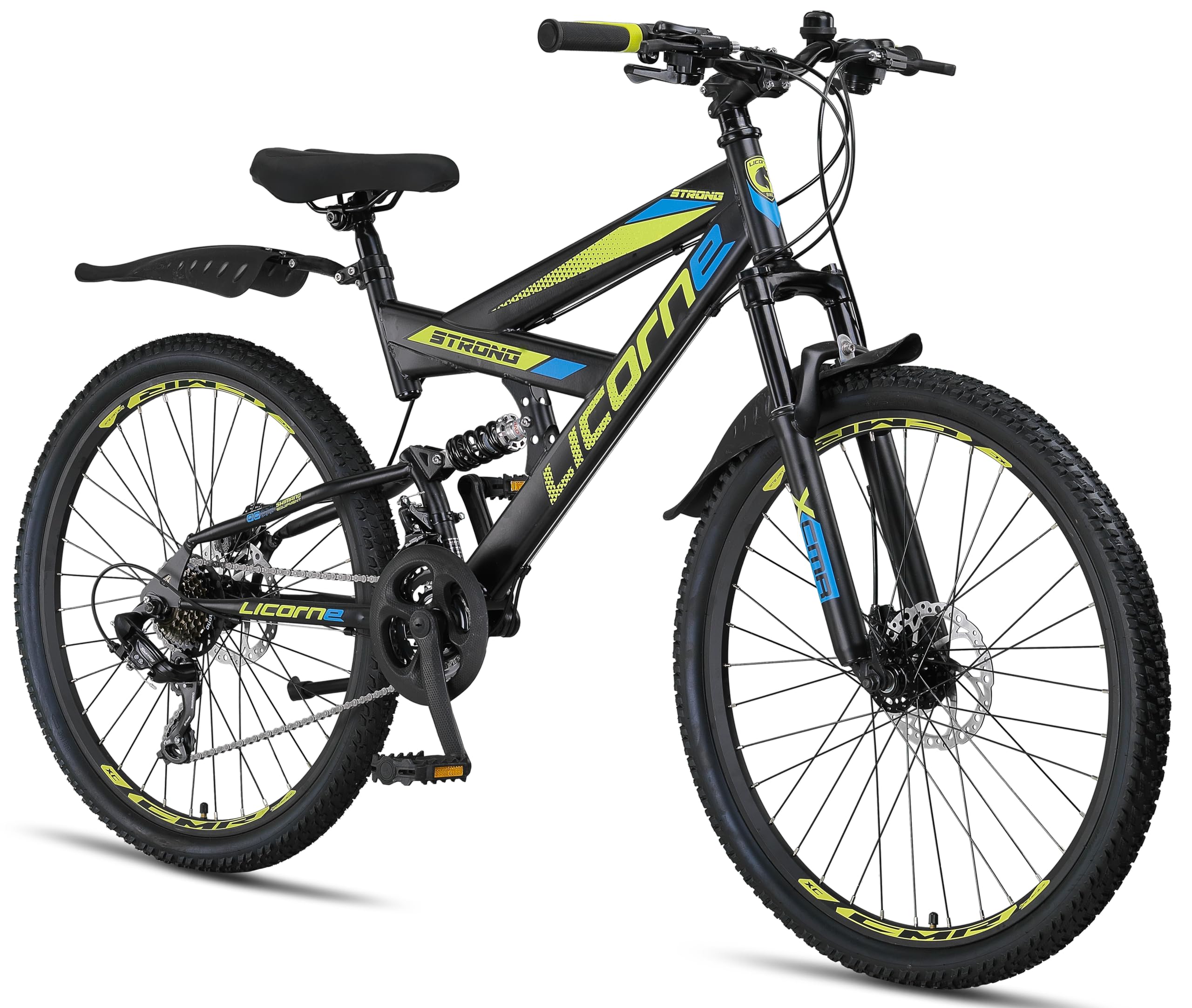 Licorne Bike Strong 2D Premium Mountain Bike 26 27.5 and 29 Inch Bicycle for Boys Girls Women Men and Men Disc Brake Front and Rear 21 Speed Full Suspension