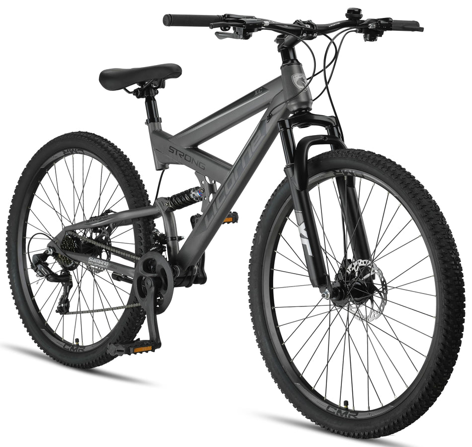 Licorne Bike Strong 2D Premium Mountain Bike 26 27.5 and 29 Inch Bicycle for Boys Girls Women Men and Men Disc Brake Front and Rear 21 Speed Full Suspension